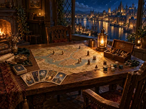 A candlelit game table by a window, a river-city map with carved tokens, dice and illustrated cards, a chair pulled out, a lamplit harbour city beyond