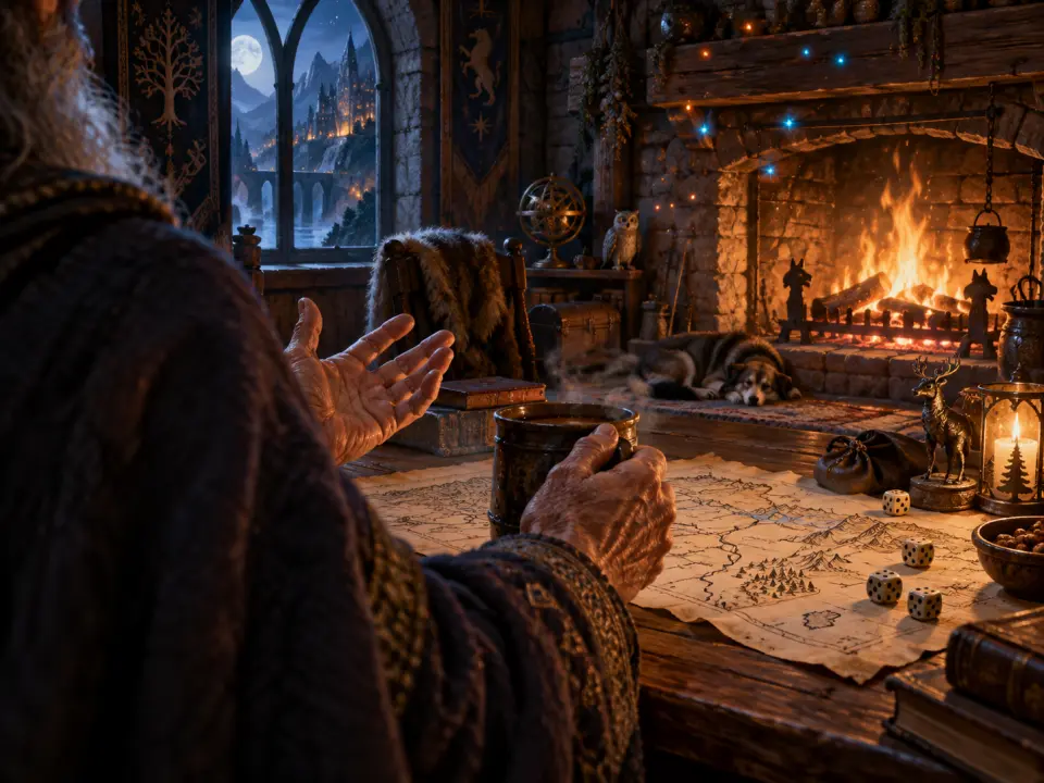 An old storyteller’s hands over a map, dice and a mug beside a fire, a castle in the window
