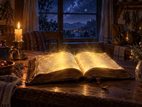 An open book glowing on a candlelit table, a night sky and a hilltop city beyond the window