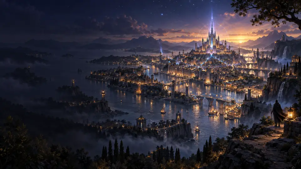 A city of lit spires and bridges on a night harbour, seen from a hillside path where a cloaked traveller stands by a lantern